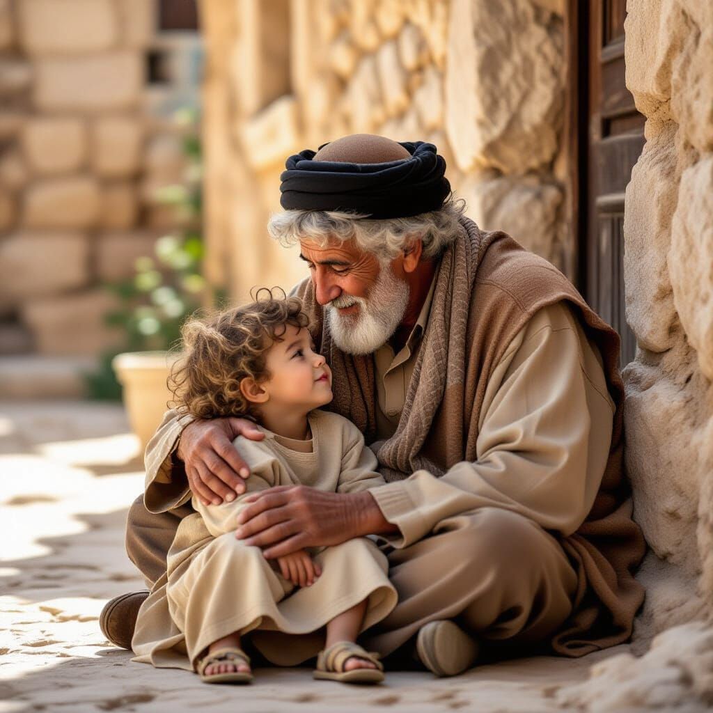 Elderly Man Cradles Child in Ancient Palestinian Home