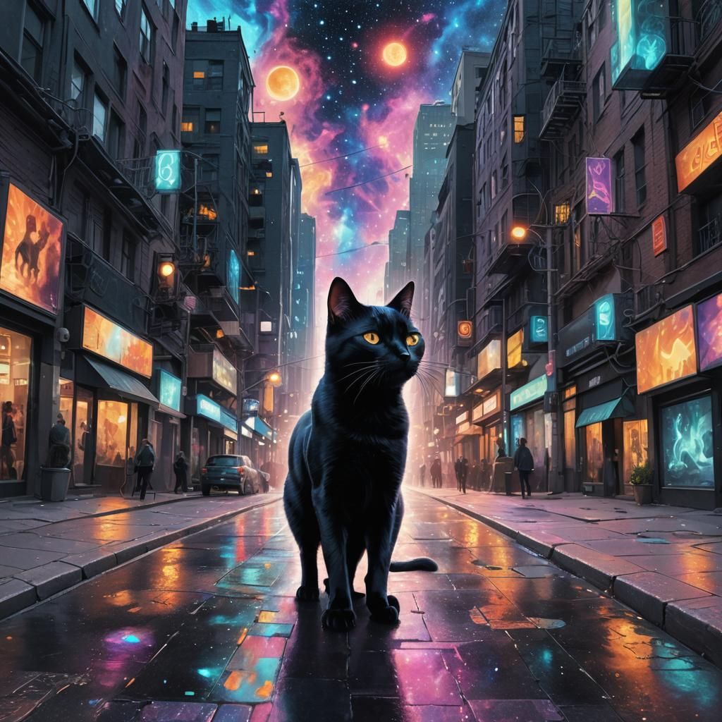 Black Cat Walking Down City Street in Mixed Media