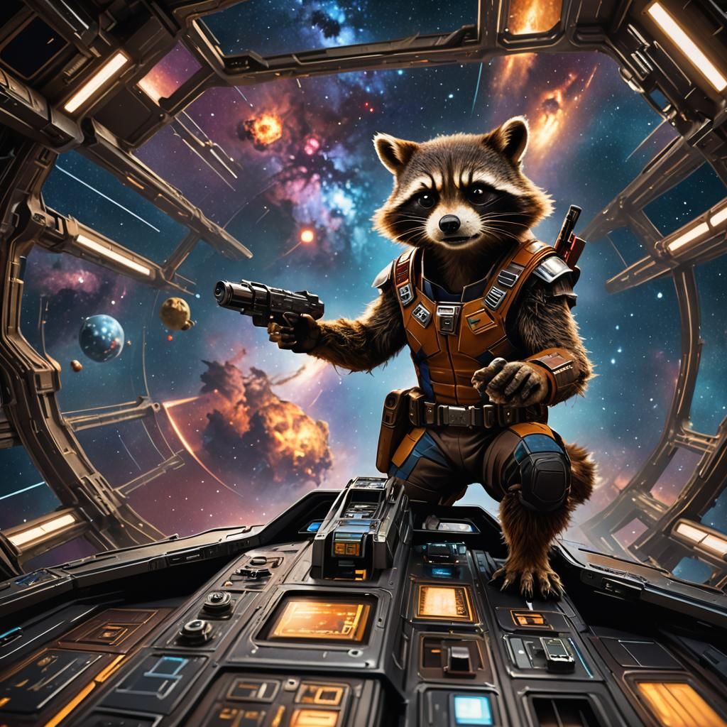 Rocket Raccoon in Starship, Detailed Matte Painting