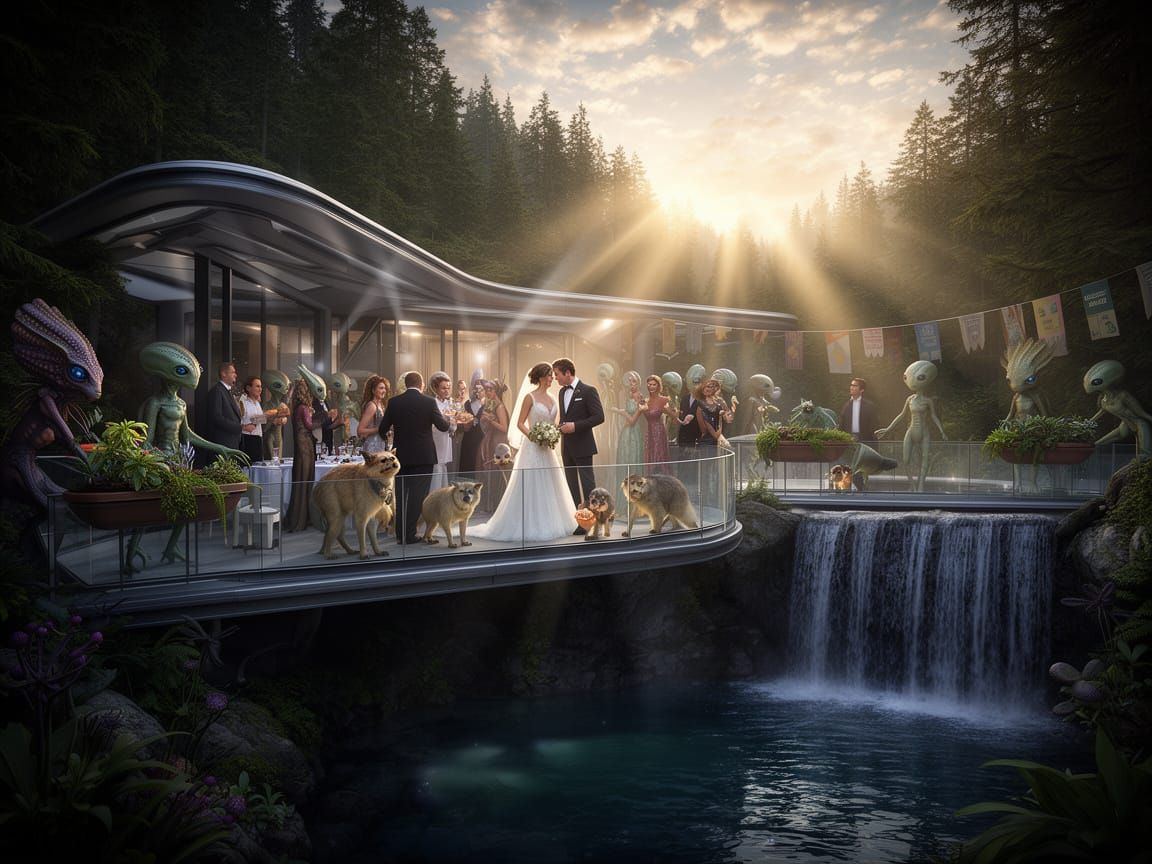 Futuristic mountain home wedding with alien guests