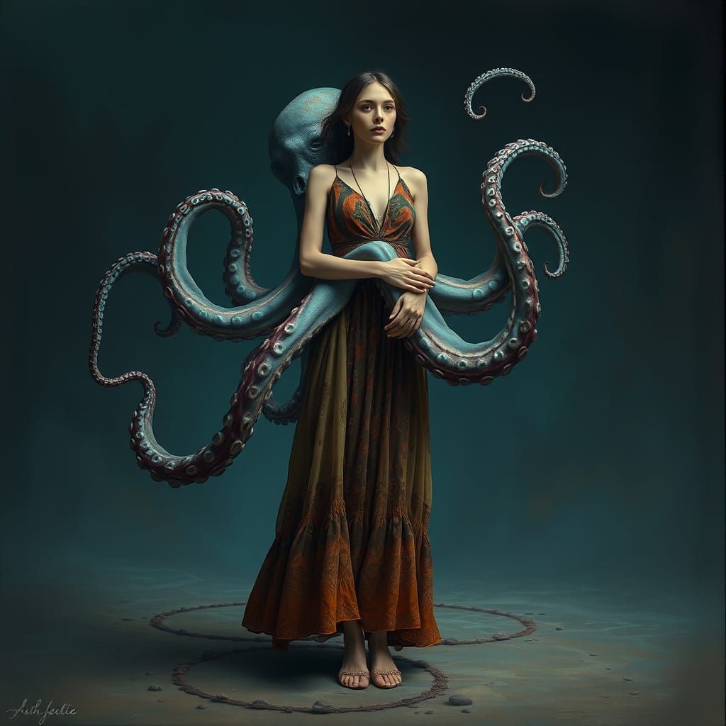 Surreal Bohemian Goddess Encircled by Iridescent Octopus in ...