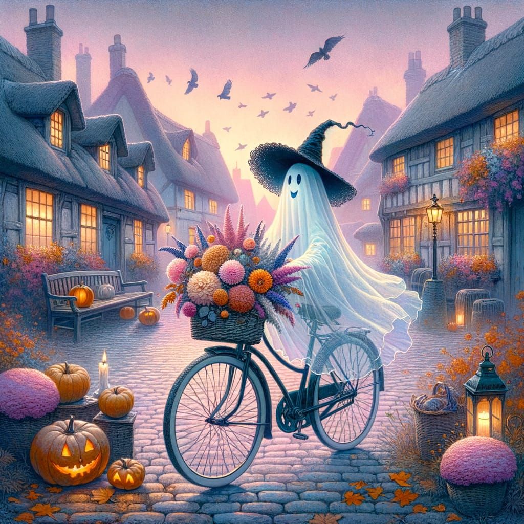 Ghost Rides Bicycle Through Autumn Village