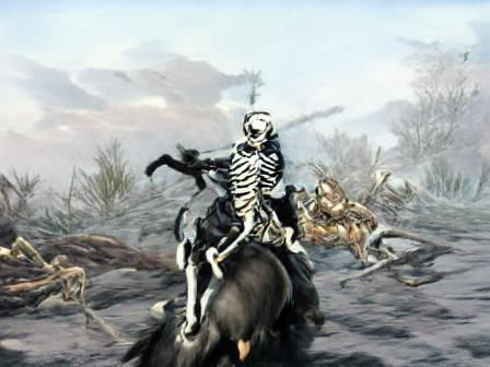 Skeleton Warrior Rides Away from Battlefield