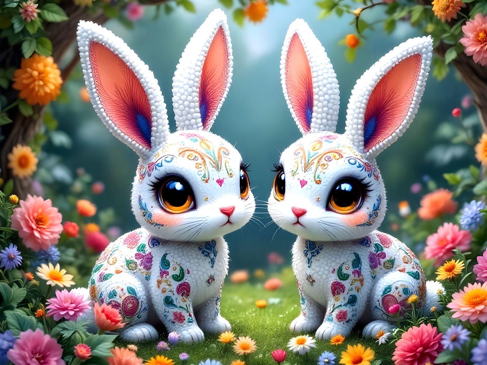 Beaded Chibi Rabbits in a Paisley Garden