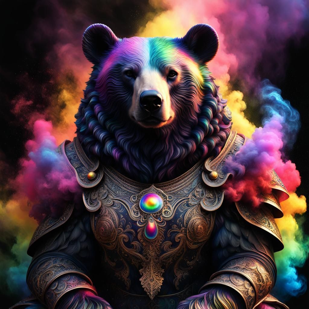 Fairy Bear in Galaxy Armor Rising From Rainbow Smoke