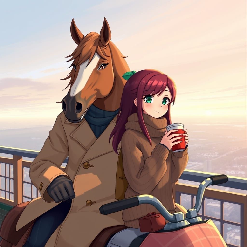 Anime Fantasy Figure Rides Beside Girl in Dreamy Morning Lan...