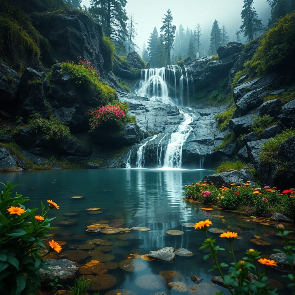 Serenely Cascading Waterfall in a Lush, Green Paradise