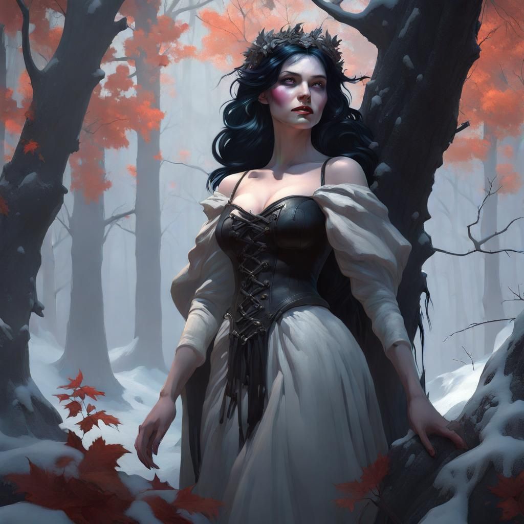 Gothic Snow White in Dark Forest, Hyperdetailed Digital Art