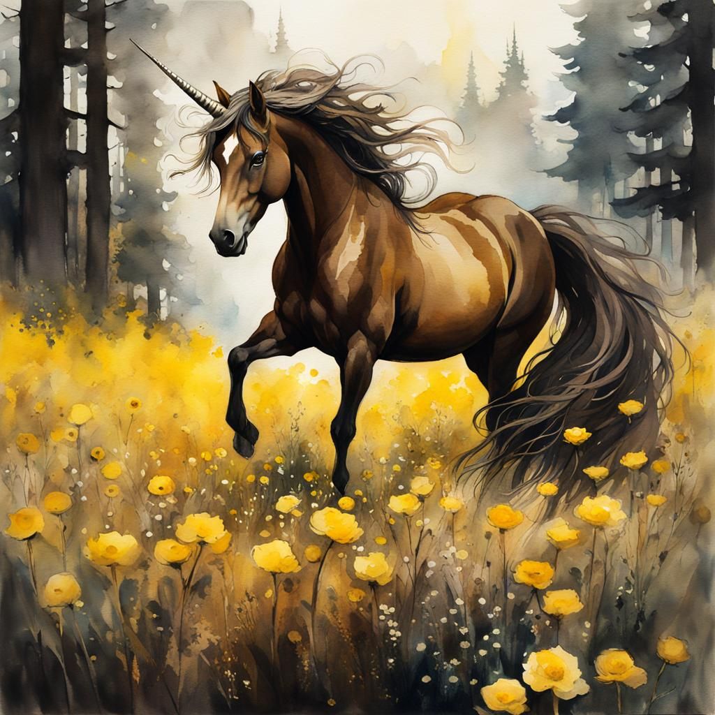 Brown Unicorn with Yellow Flowers, Watercolor Painting
