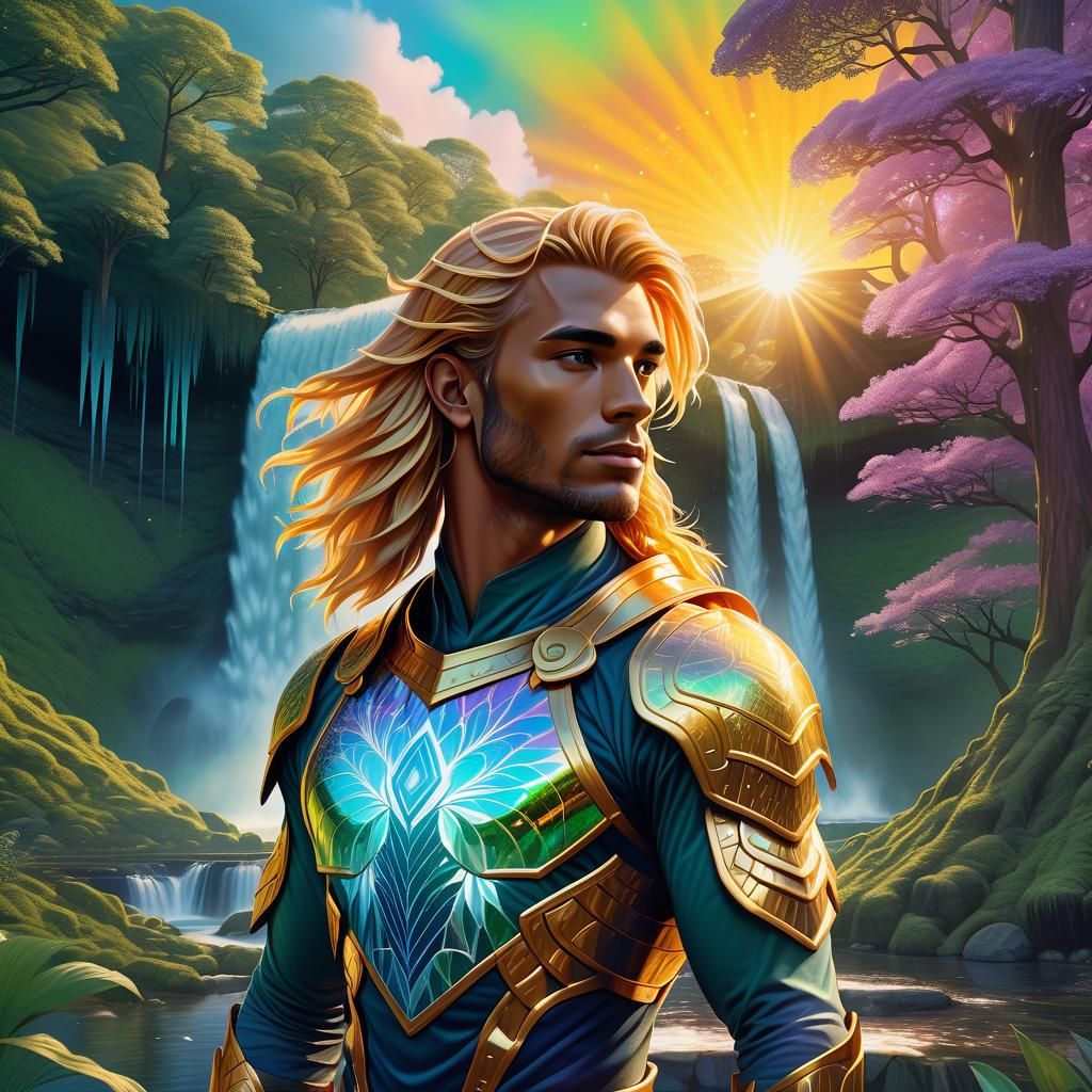 A detailed, beautiful, anthro style young man, with golden hair wearing prismatic armor. Standing in an spring forest, n...