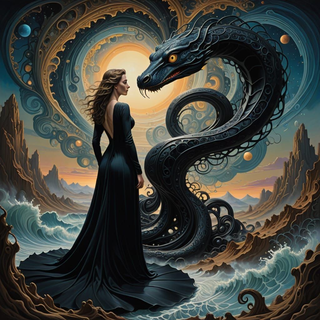 Woman in Awe of a Majestic Black Cobra in a Cosmic Dreamscap...