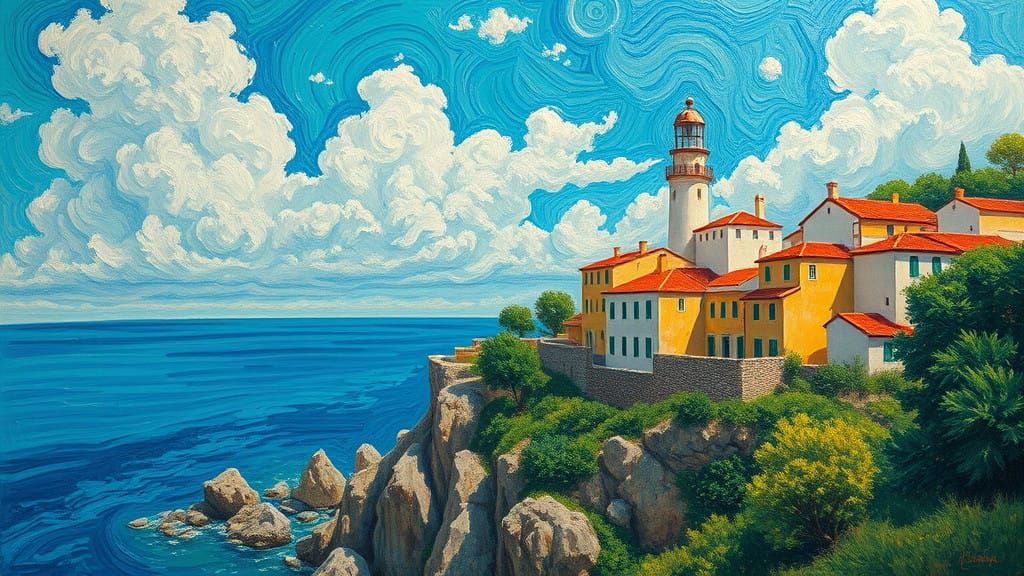 Whitewashed Village Lighthouse Amidst Mediterranean Cliffs