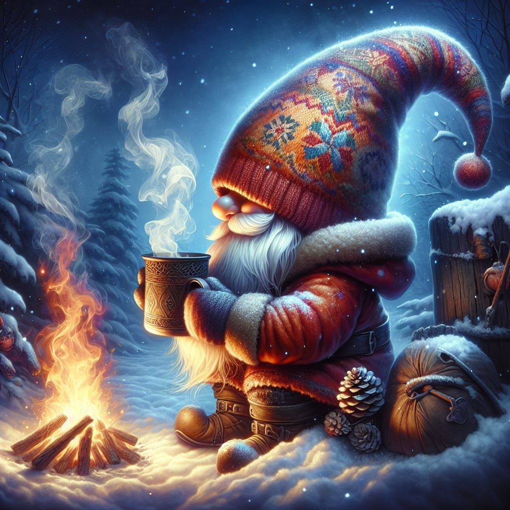 Surreal Winter Gnome with Spiced Cider