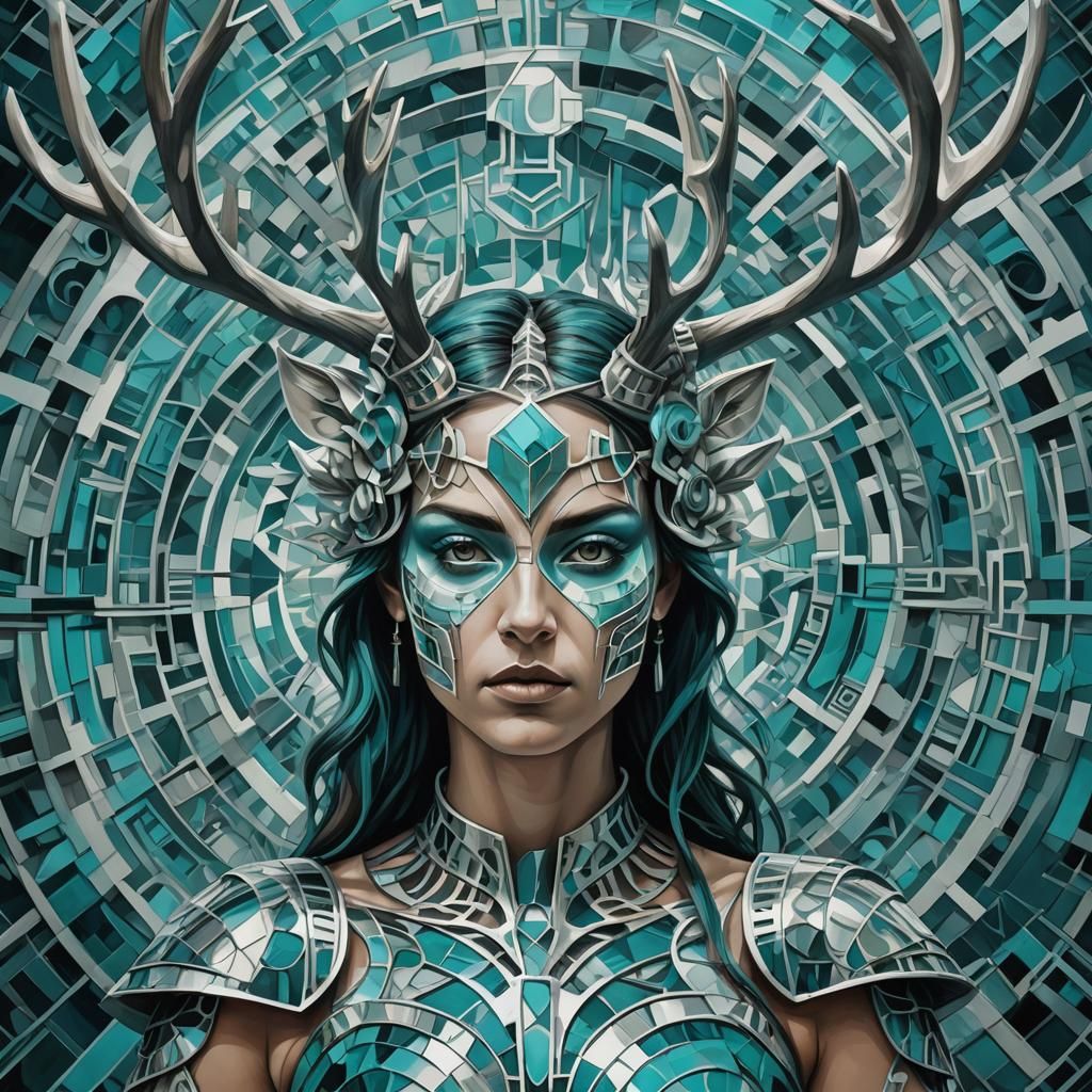 Abstract Artemis Portrait in Geometric Fractal Style