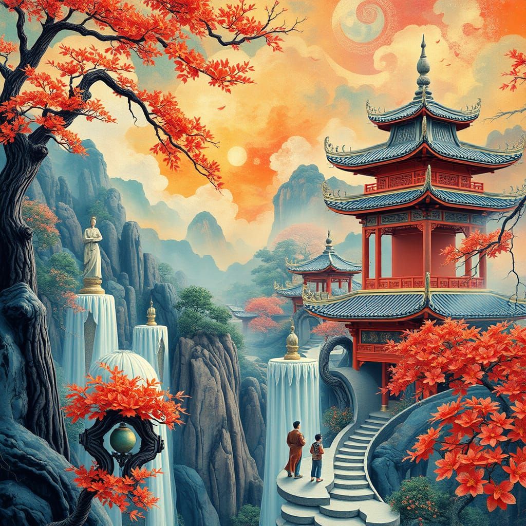 Fantastical Gongbi Chinese Painting in Vibrant, Intricate De...