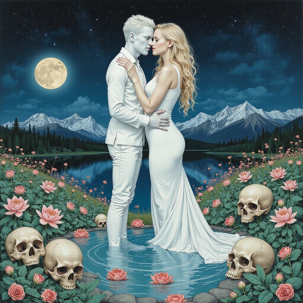 Embracing Couple Surrounded by Skulls and Flowers
