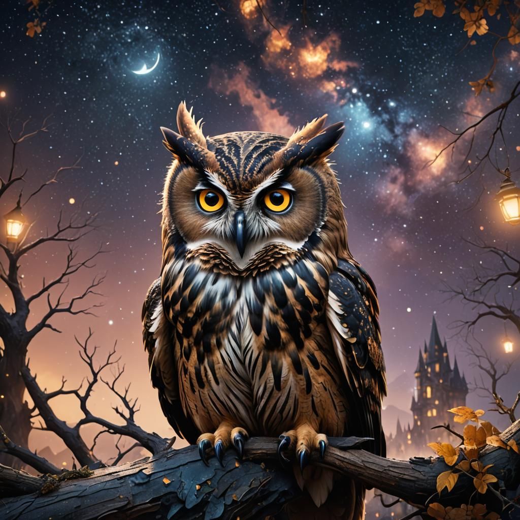 Fantastical Owl Reflects Night Sky: Detailed Matte Painting