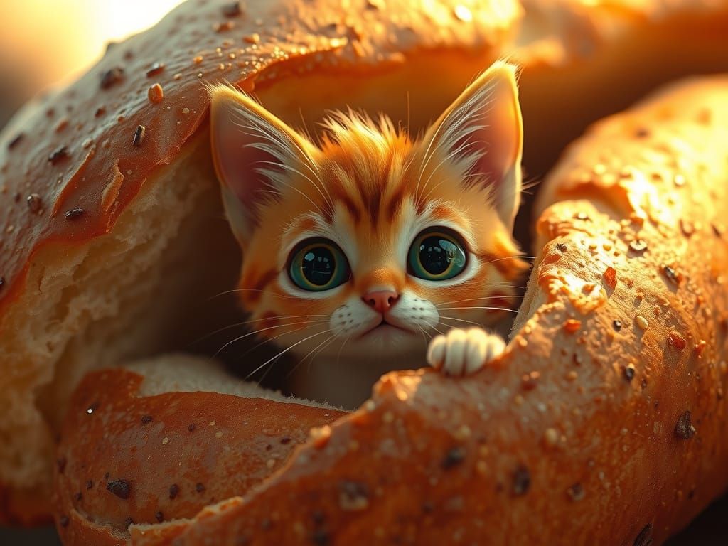 Whimsical Cartoon Cat Peeks from Golden Baguette in Dreamlik...