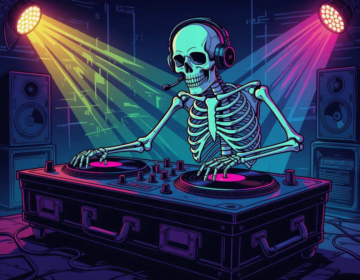 Skeletal DJ Spins Records in Comic Book Style