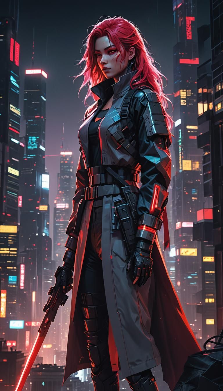 Cyberpunk Heroine with Red Sword on Skyscraper