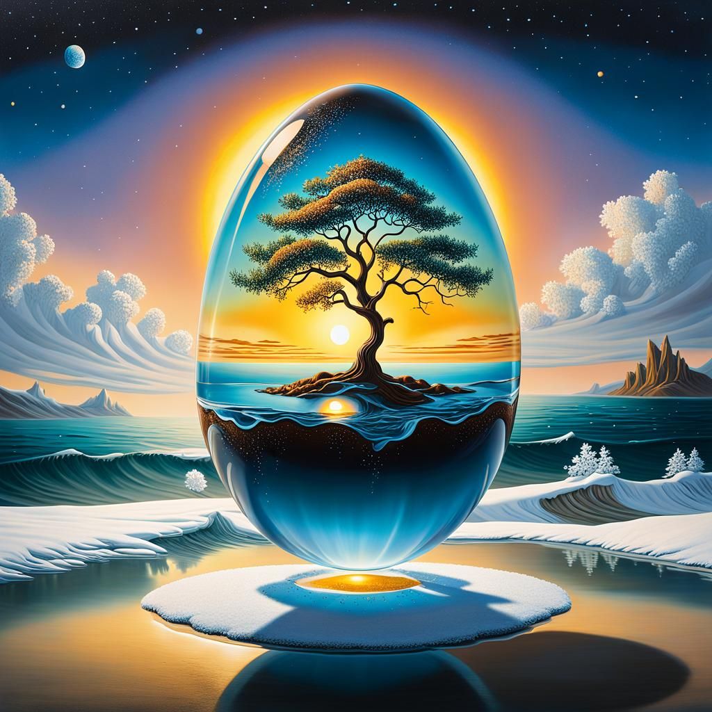 Glass Egg Reveals Tree of Truth in Surreal Scene