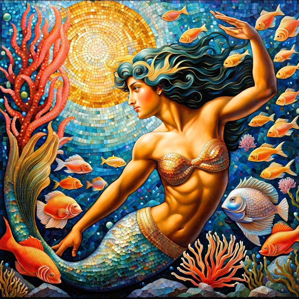 Merman in Roman Mosaic Art Style