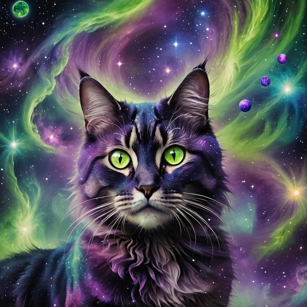 Cosmic Galaxy Cat Amidst Nebula Vortex