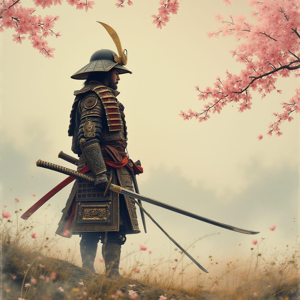 Samurai on Battlefield in Ethereal Art Nouveau Style