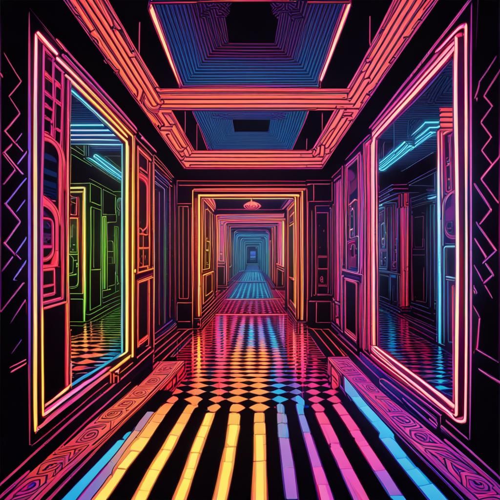 Psychedelic Neon House of Mirrors in Visionary Art Style