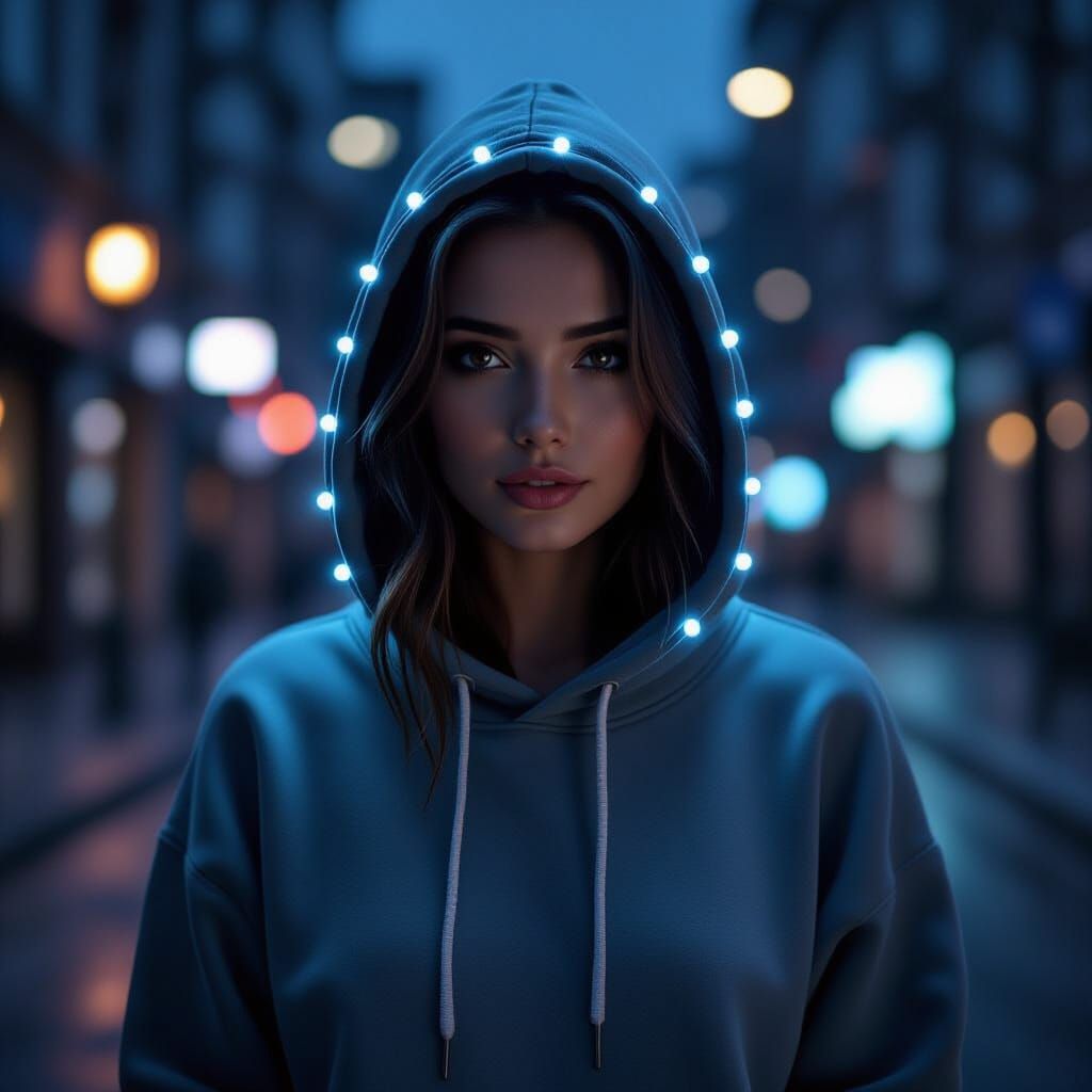Woman in LED Hoodie: Photorealistic Digital Art