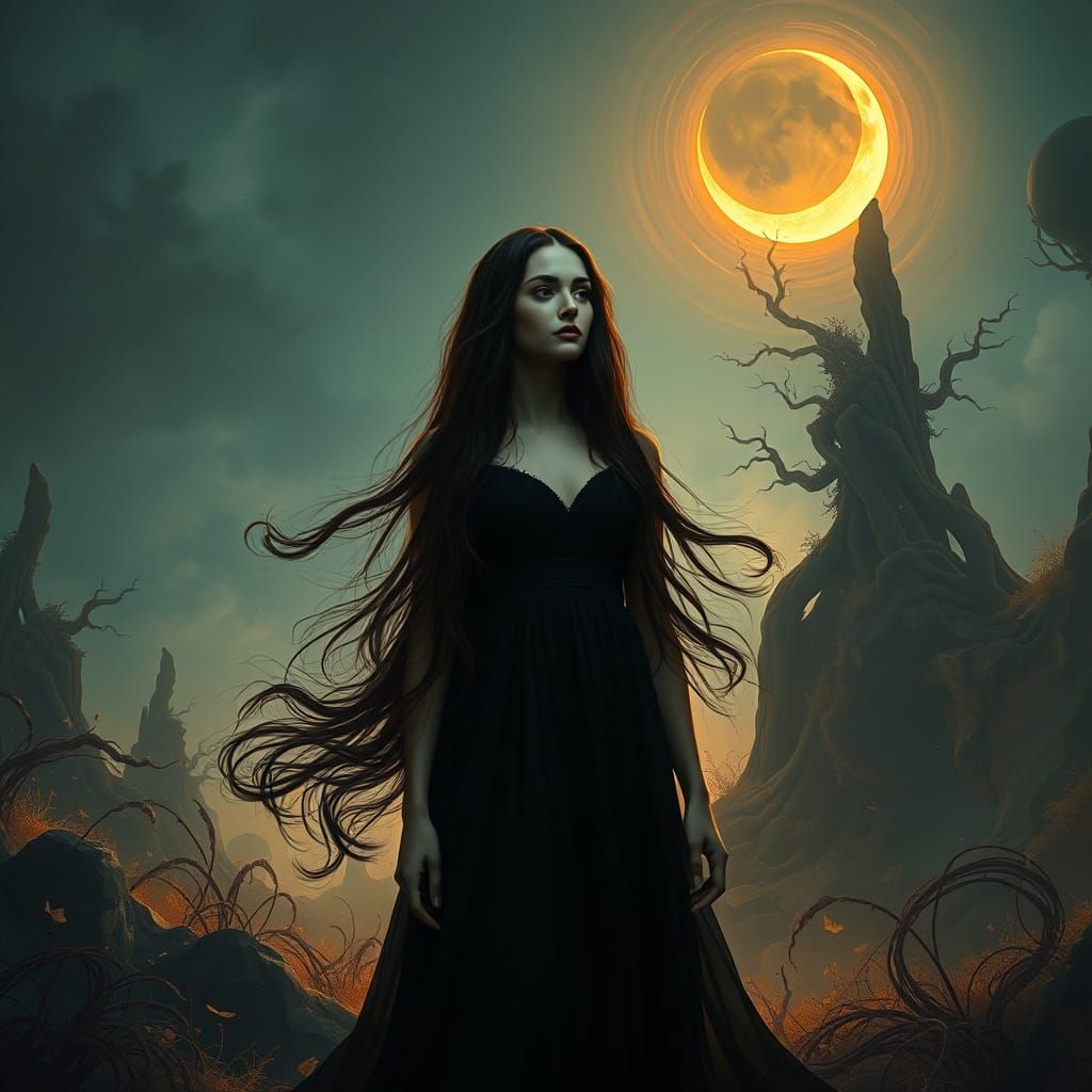 Enchanted Sorceress in Dreamlike Landscape