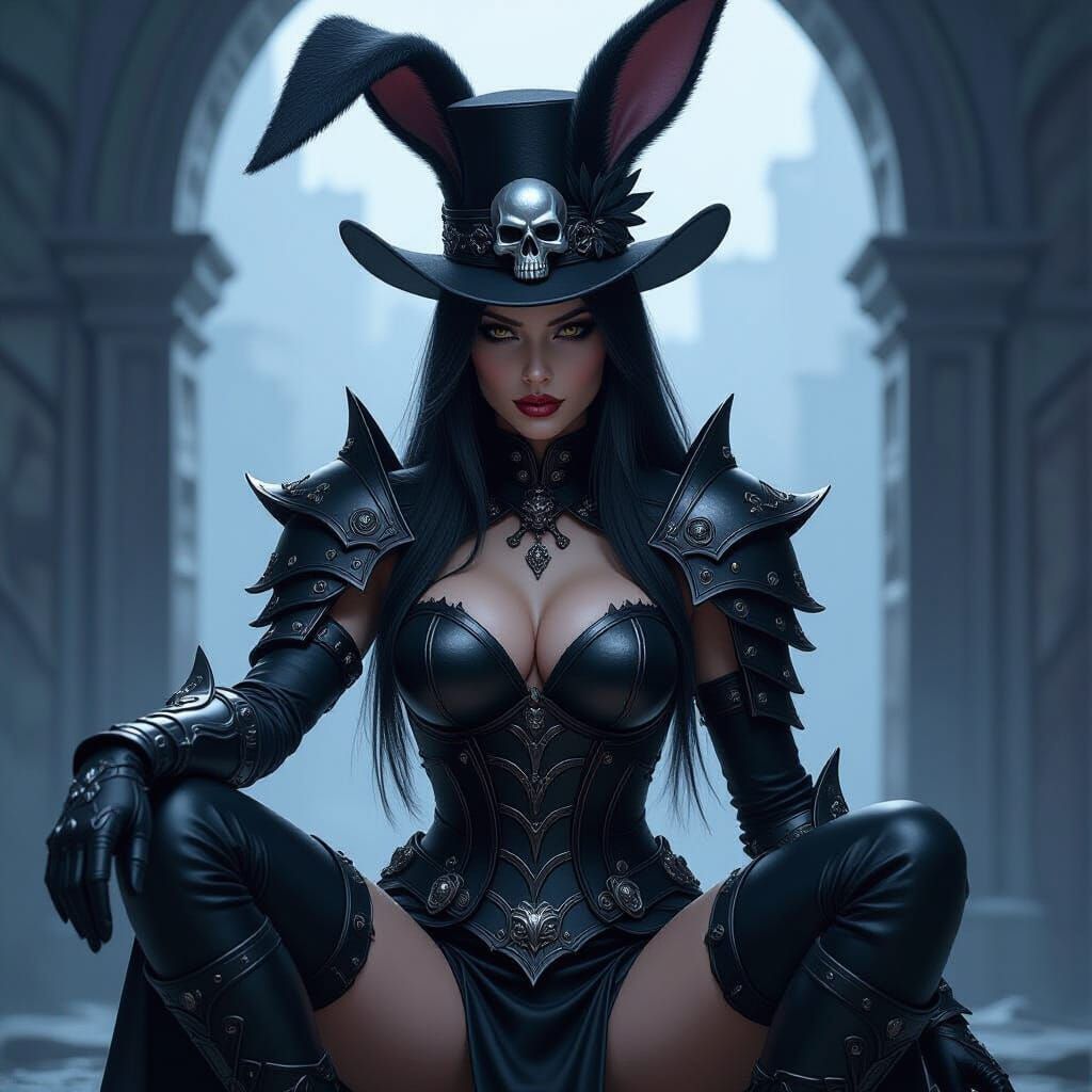 Fierce Bunny Warrior in Black Metal Armor