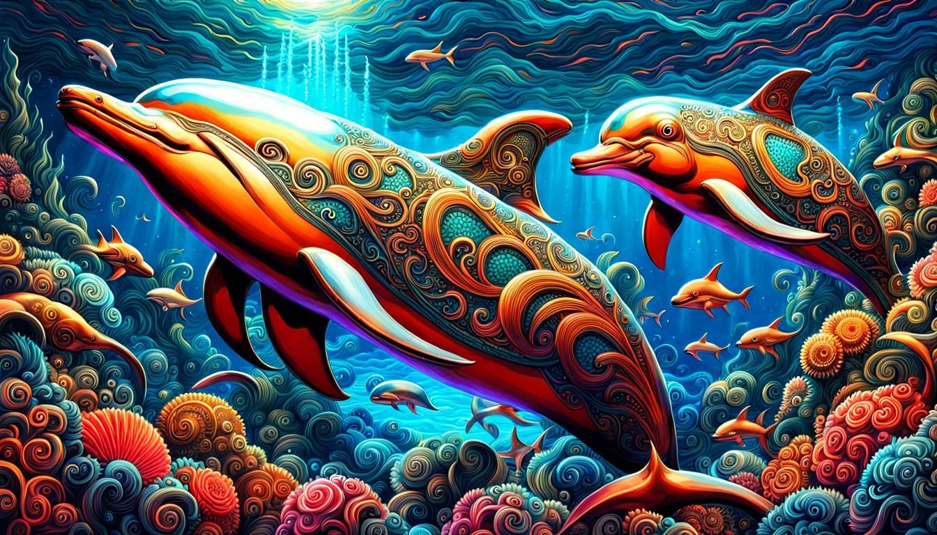 Steampunk Dolphins in Neon Coral Seascape