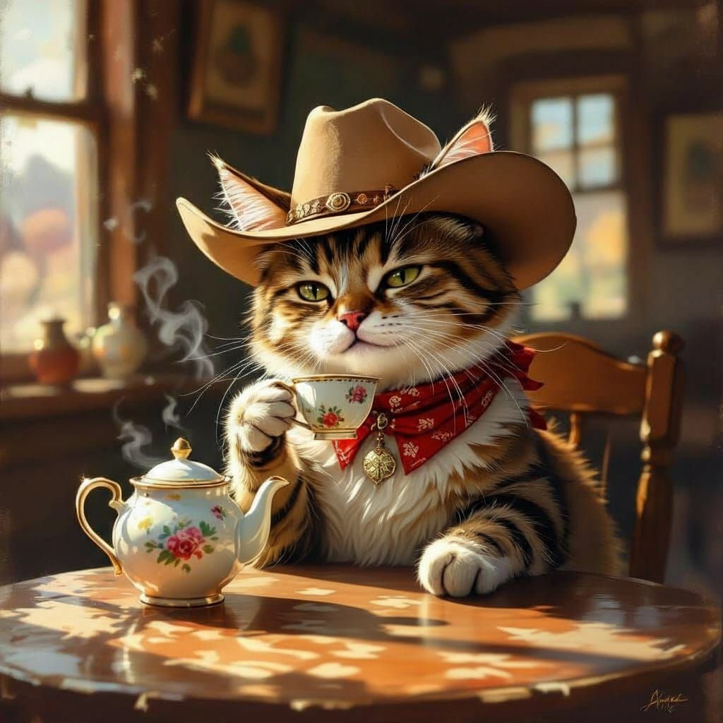 Impressionist painting. A whimsical cat wearing a tiny cowbo...