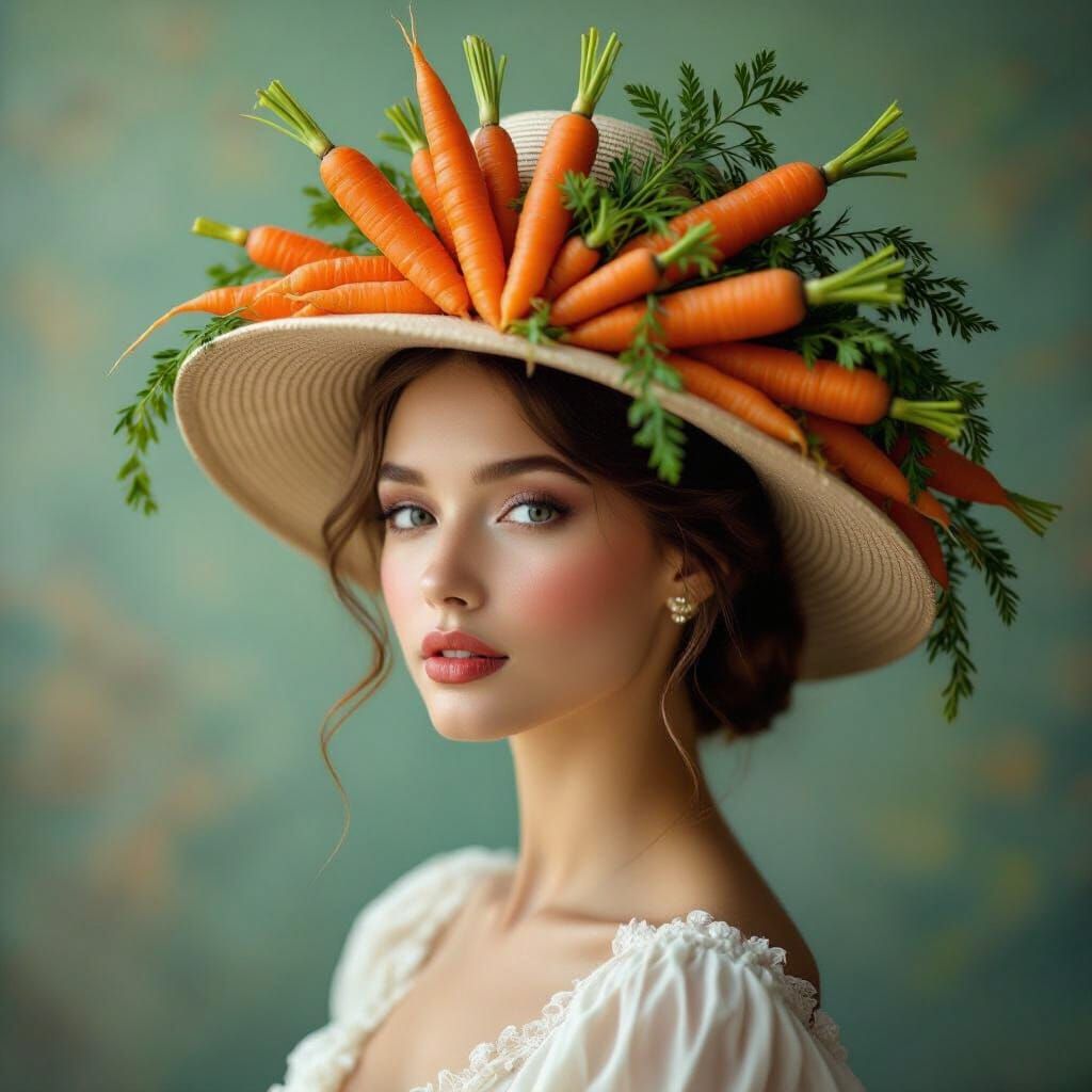 Woman in Whimsical Carrot Hat, Dreamy Ethereal Style