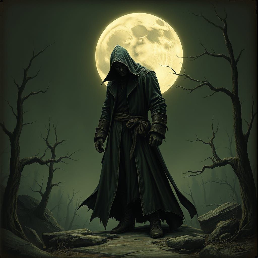 Eerie Gothic Figure in Moonlight, Gustave Doré Style