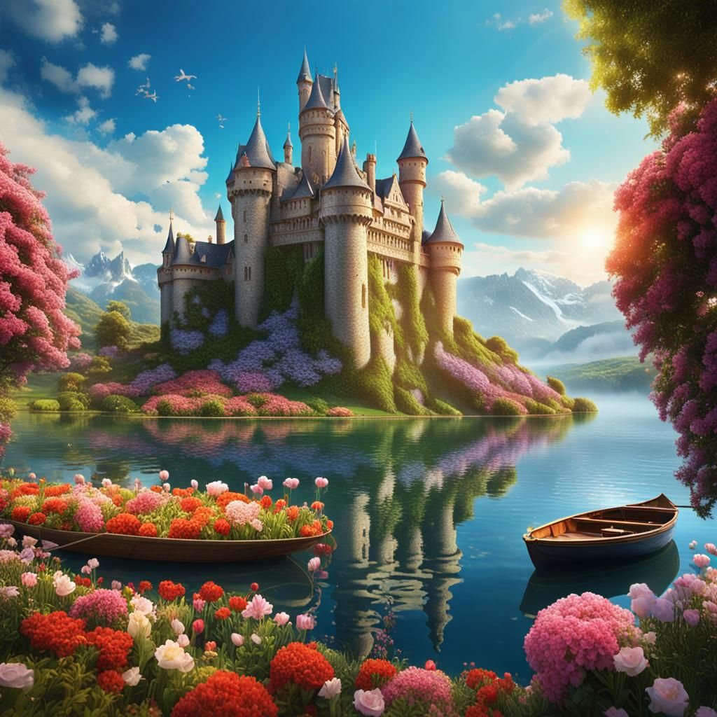 Fantasy Castle with Flowers, Fantasy Art