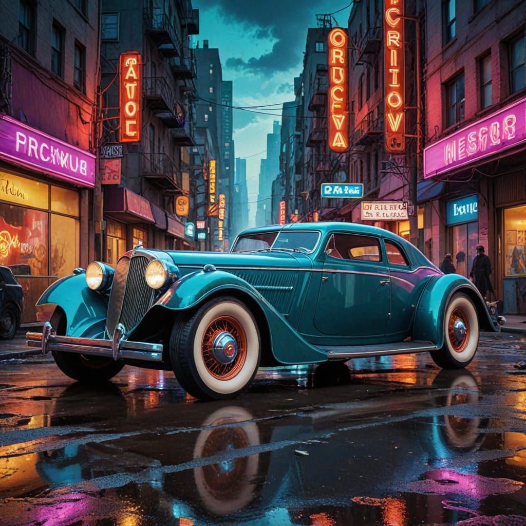 Futuristic Art Deco Car in Post-Apocalyptic Cityscape