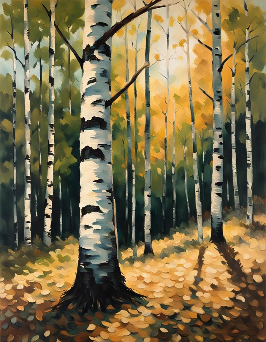 Birch Tree in Forest: Impressionist Impasto Painting