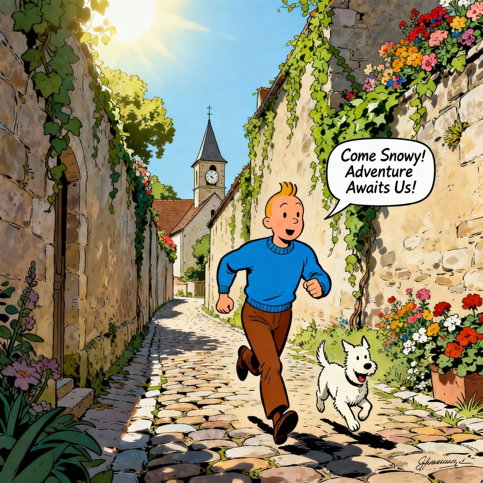 Tintin and Snowy Run Towards Adventure in Ligne Claire Style