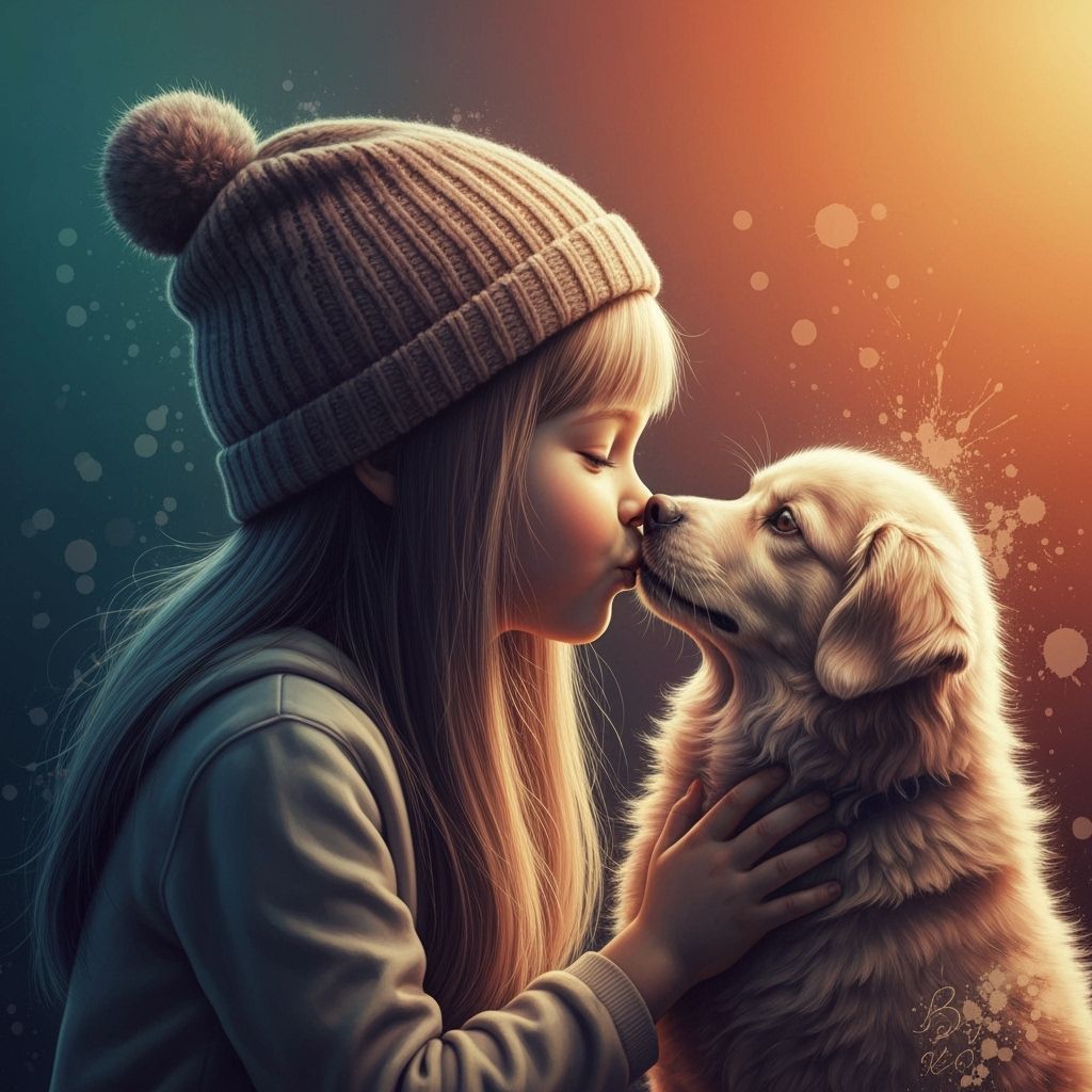 Girl in Pom-Pom Hat Kisses Furry Dog