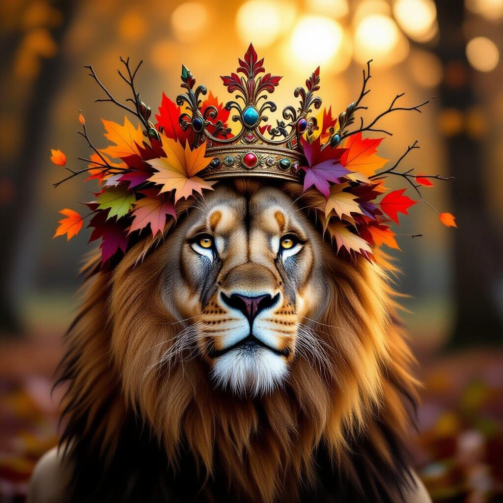 Majestic Lion King with Autumn Leaf Crown