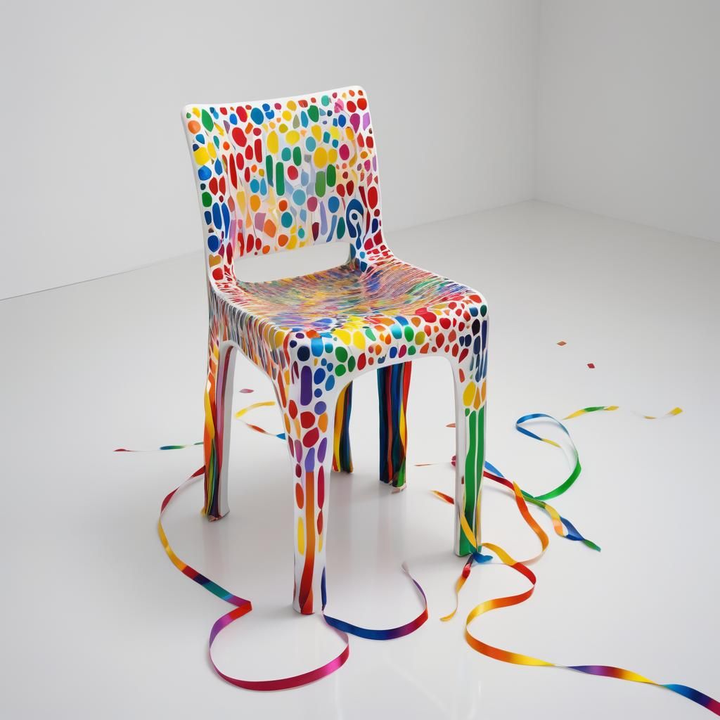 Art by Yayoi Kusama, minimalist design, a chair made of rainbow ribbons, sleek and modern, set against a stark white bac...