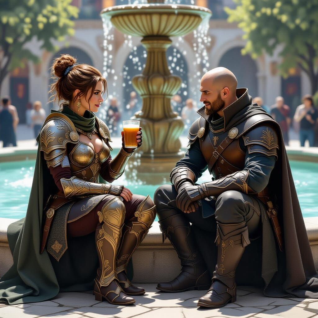 Paladin and Rogue Meet at Fountain