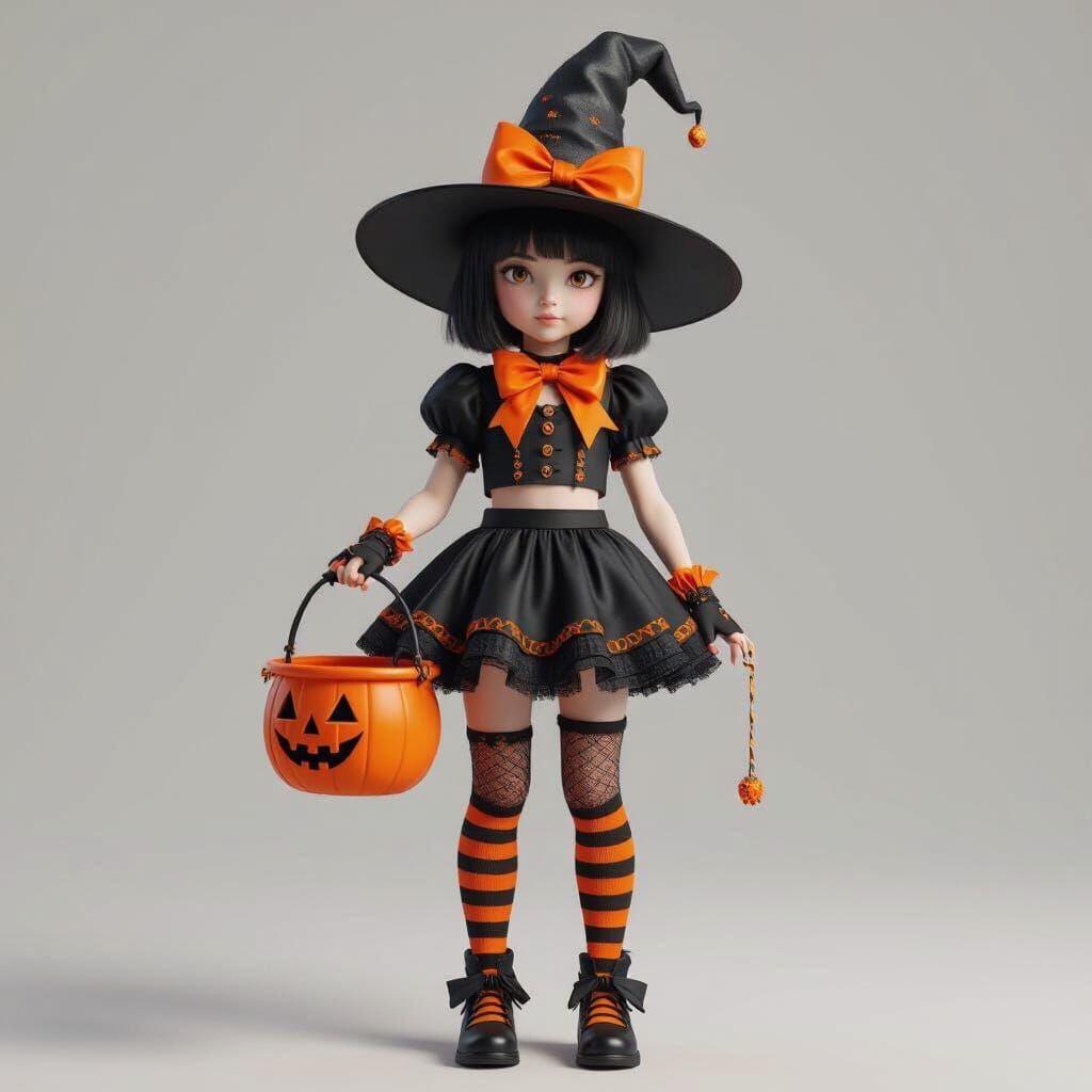 Young Witch with Orange Accents and Trick-or-Treat Basket