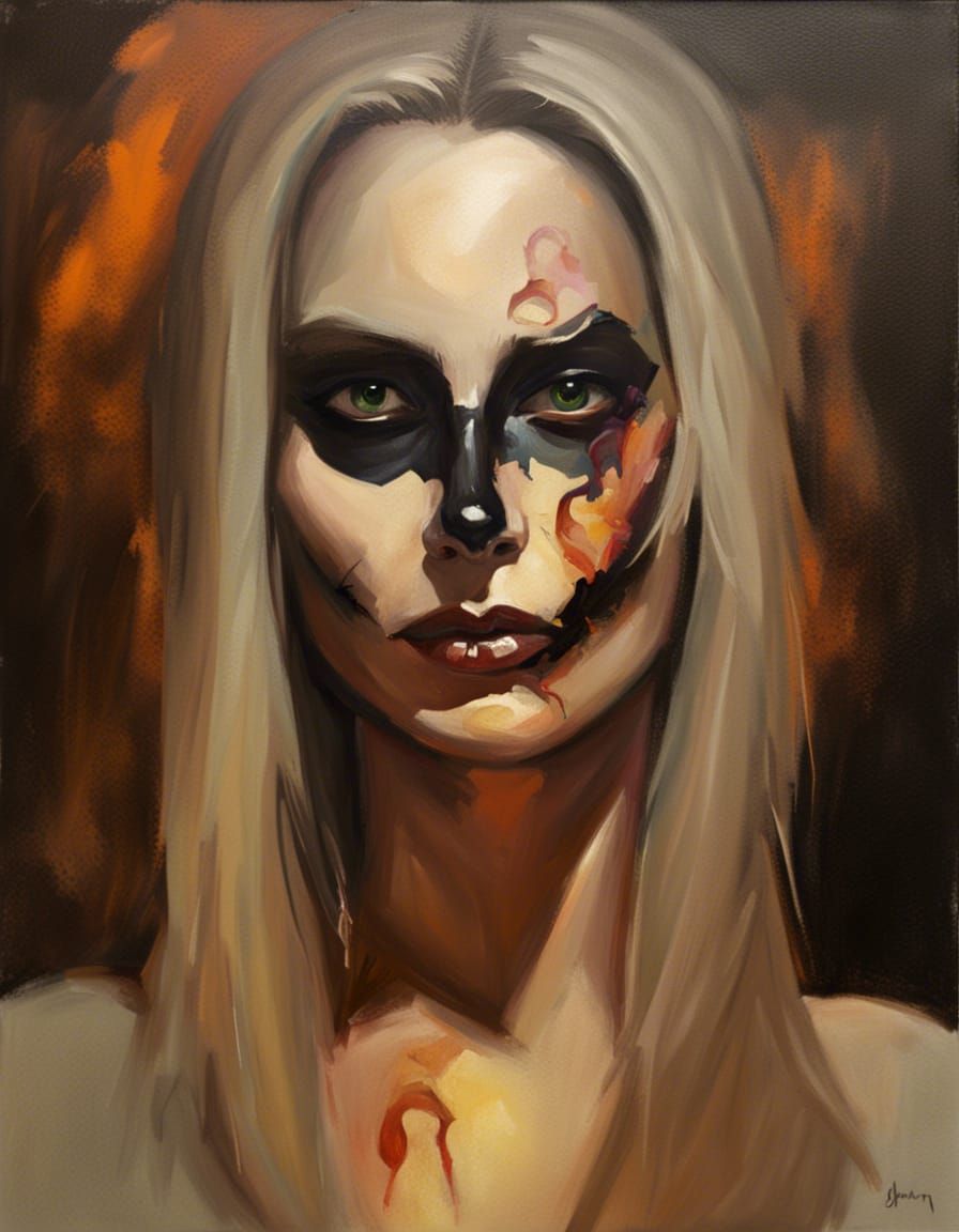 Halloween Portrait of Stern Woman in Oil Paint Style