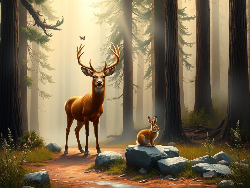 Misty Forest Path with Buck, Kinkade Style