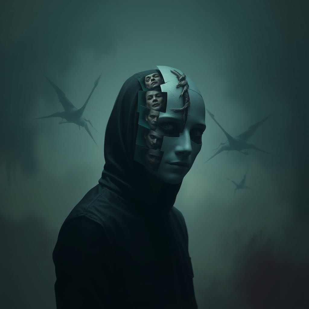 Dissociative Identity: Fragmented Mask in Surreal Landscape