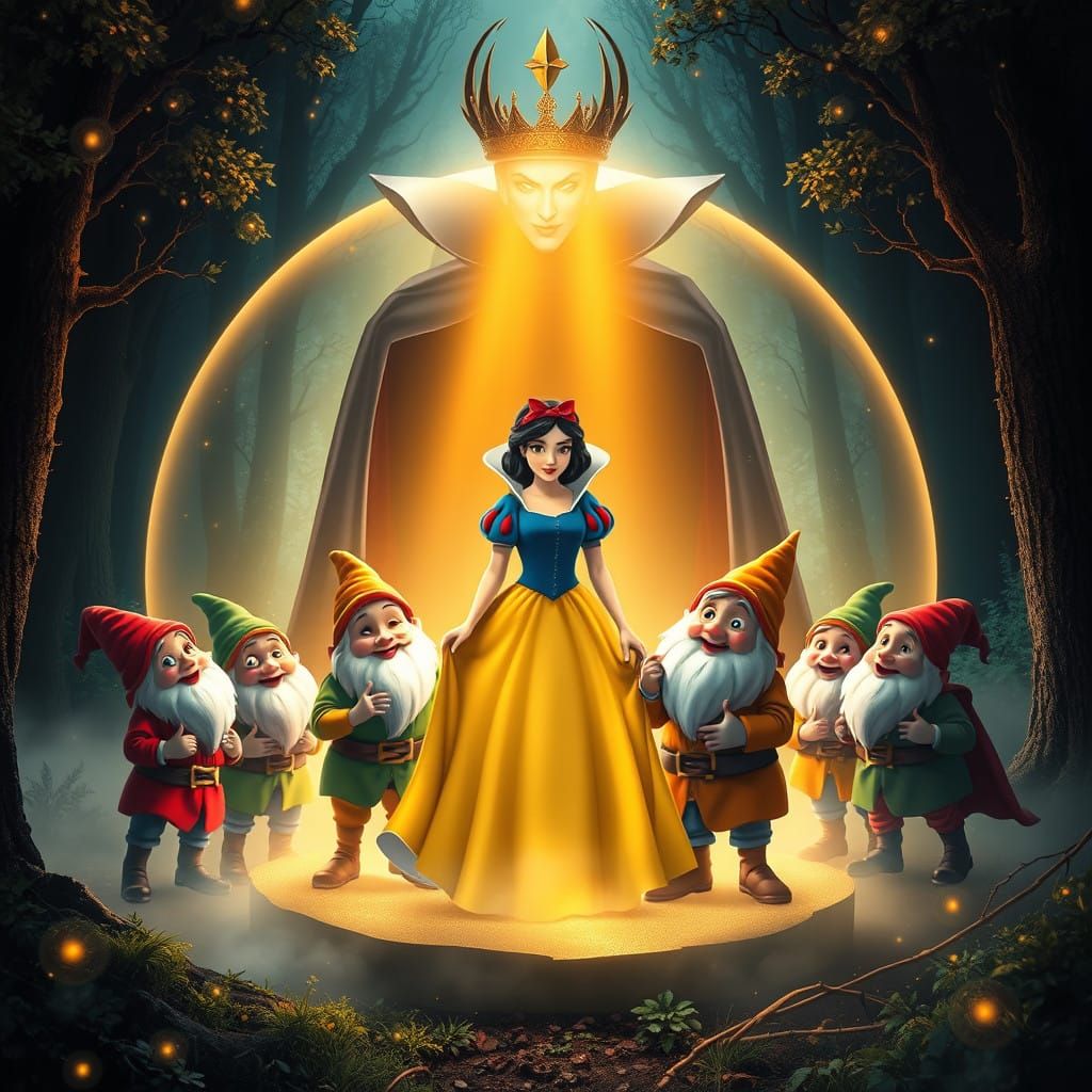 Whimsical Fairytale Scene with Snow White and the Seven Dwar...