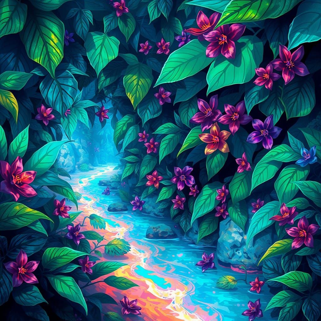 Vibrant Jungle Scene with Geometric Foliage and Glowing Rive...